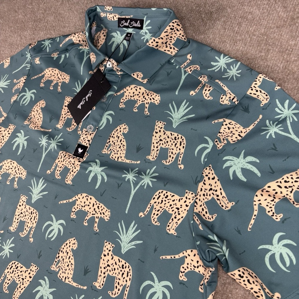 Bad Birdie Polo Shirt Mens Medium Leopard Cheetah Print Golf Stretch Green NWT - Picture 12 of 12
